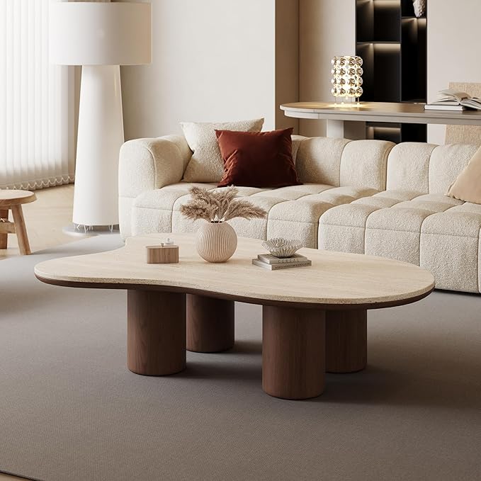 Cloud Shape Coffee Table, Walnut Wood Coffee Table for Living Room, Irregular Indoor Tea Table, 48.4" Modern Home End Table with 4 Legs(Stone, Brown)