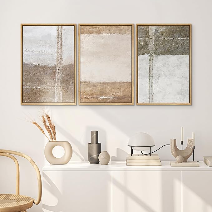 SIGNWIN Framed Canvas Print Wall Art Set Grunge Gray Brown Pastel Landscape Abstract Shapes Illustrations Modern Art Geometric Zen Mid-Century for Living Room, Bedroom, Office - 24"x36"x3 Natural