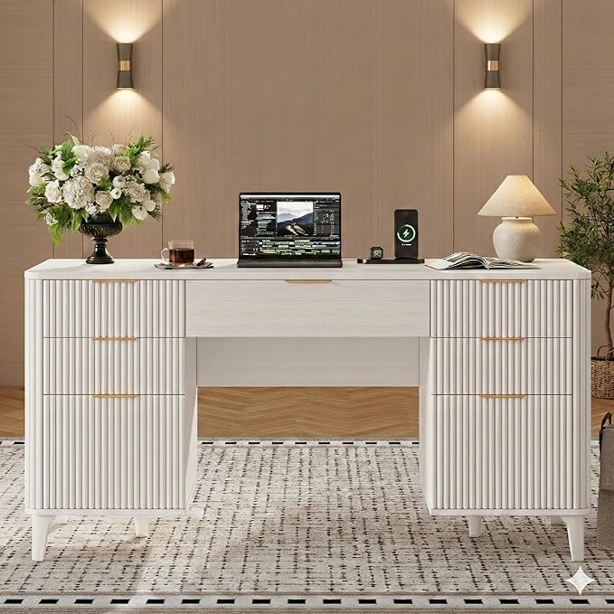 White Desk with Drawers, 55" Fluted Executive Desk with Storage Cabinet, Wood Home Office Desk with File Cabinet, Modern Computer Writing Desk for Study, Living Room, Bedroom