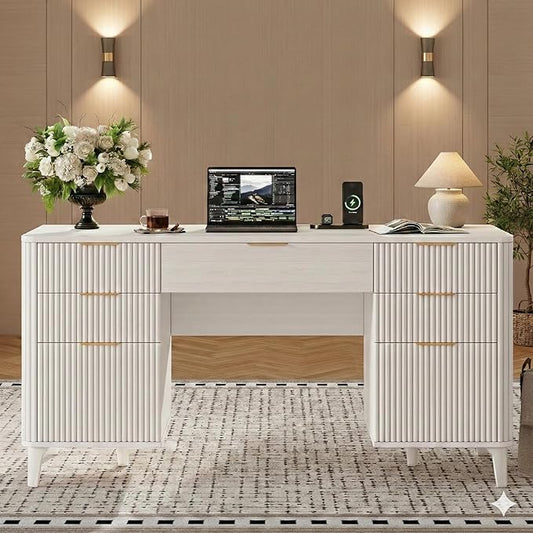 White Desk with Drawers, 55" Fluted Executive Desk with Storage Cabinet, Wood Home Office Desk with File Cabinet, Modern Computer Writing Desk for Study, Living Room, Bedroom