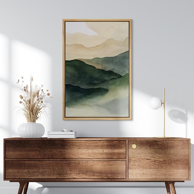 SIGNLEADER Framed Canvas Print Wall Art Watercolor Landscape Green and Beige Mountain Hills Illustration Modern Art Decorative Nordic Zen for Living Room, Bedroom, Office - 16"x24" NATURAL