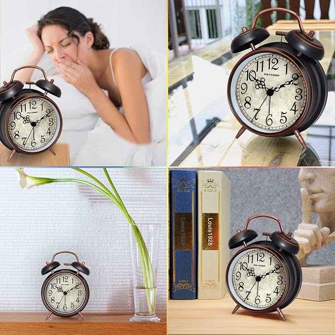 Peakeep Retro 4.5 inches Battery Operated Twin Bell Loud Alarm Clock (Black with Arabic)