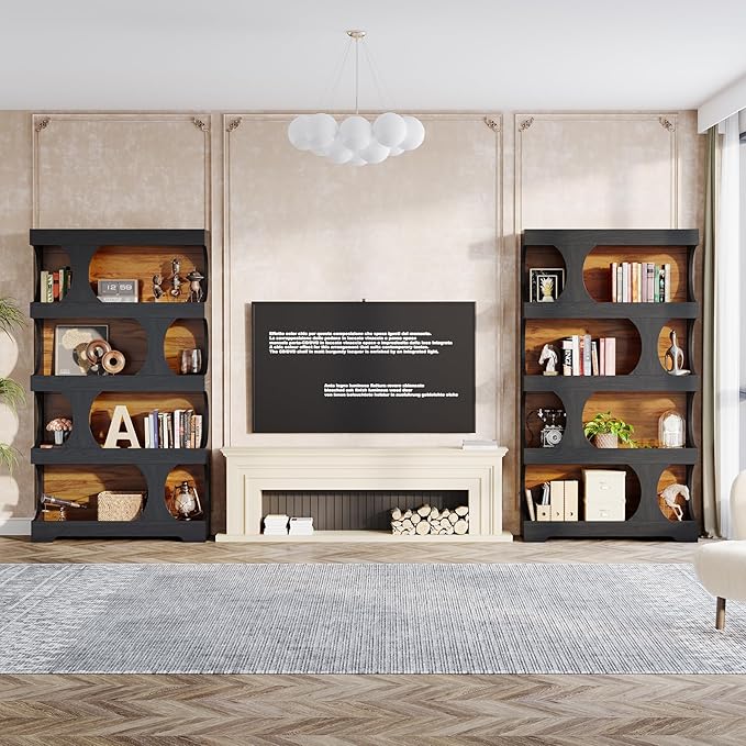 Tribesigns 71" Tall Bookcase Set of 2, 4-Tier S-Shaped Bookshelf, Wood Decorative Storage Shelving, Modern Freestanding Display Shelves, Large Library Bookshelf Unit for Home Office, Black & Brown