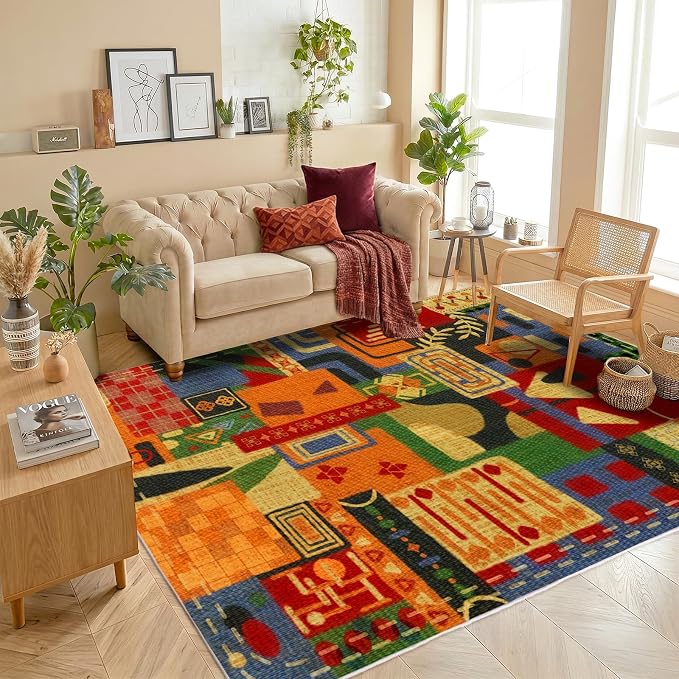 Washable 4x6 Vintage Patchwork Area Rug, Boho Tribal Geometric Colorful Rugs for Living Room, Non-Slip Low Pile Indoor Carpet, Vintage Rustic Rug for Dining Room Bedroom Office Entryway Decor