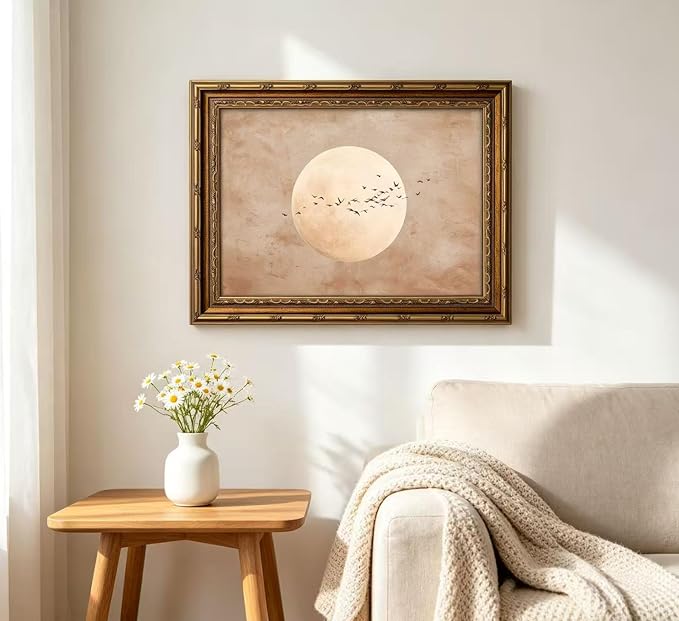 Vintage Gold Framed Minimalist Moon and Birds in Flight Wall Art, Neutral Beige Sky Painting Canvas Prints, Boho Nature Poster Artwork for Modern Living Room Bedroom Office Wall Decor，12x16in