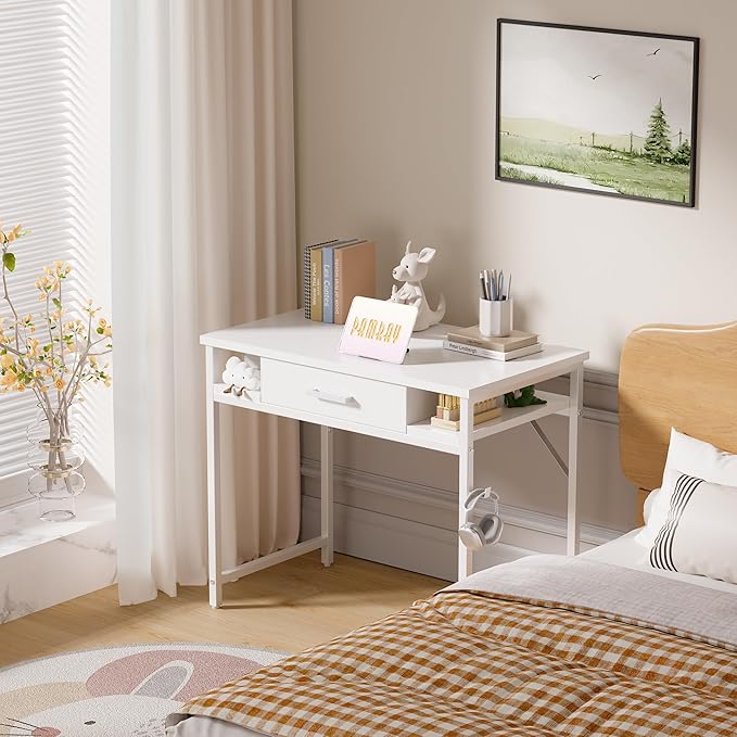 Pamray 32 Inch Small Computer Desk with Drawer and Shelves Simple Study Work Table for Bedroom White