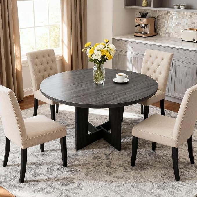 Round Dining Table for 4, 43.3" Kitchen Table for Dining Room, Circle Farmhouse Kitchen Table, Wood Dinner Table for Kitchen, Living Room, Apartment, Grey-Black