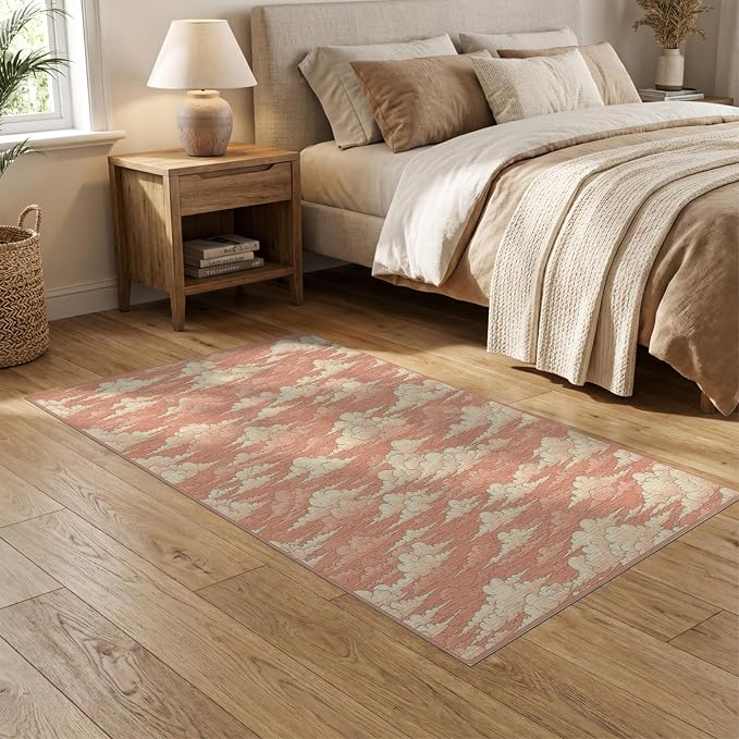 5'x7' Washable Flatwoven Rug, Peach Cottagecore Graphic Stain Resistant Area Rug Non-Slip Low Profile Floor Covering for Guest Room, Lounge, Apartment | Ref:2208262