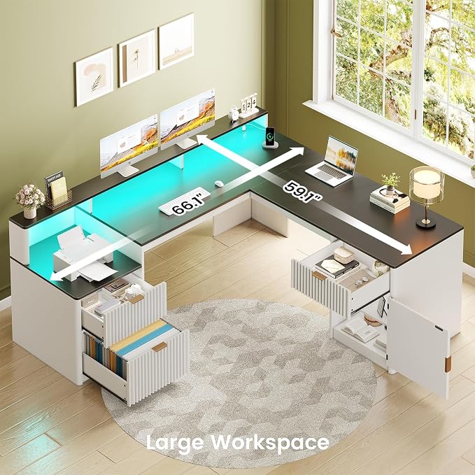 SEDETA 66" Modern L Shaped Desk with Drawers, Fluted Home Office Desk with File Cabinet and Printer Shelf, Wood Executive Desk with Monitor Stand, Led Lights, Power Outlets, White
