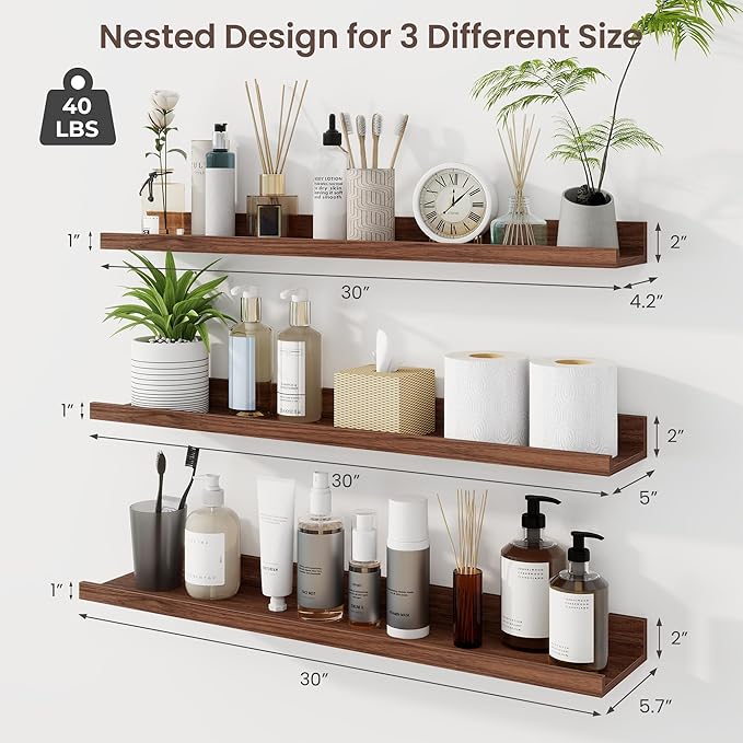 Axeman 30 Inch Floating Shelves | Walnut Picture Ledge Shelf Set of 3 | Rustic Wood Wall Shelves with Lip | 30" Walnut Picture Shelf for Wall with Ledge | Photo Shelves