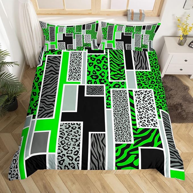 Erosebridal Leopard Zebra Print Duvet Cover Full Green Black Grey Geometric Patchwork Bedding Set Rustic Animal Skin Texture Comforter Cover for Kids Teen Adults,Jungle Wildlife Bed Set