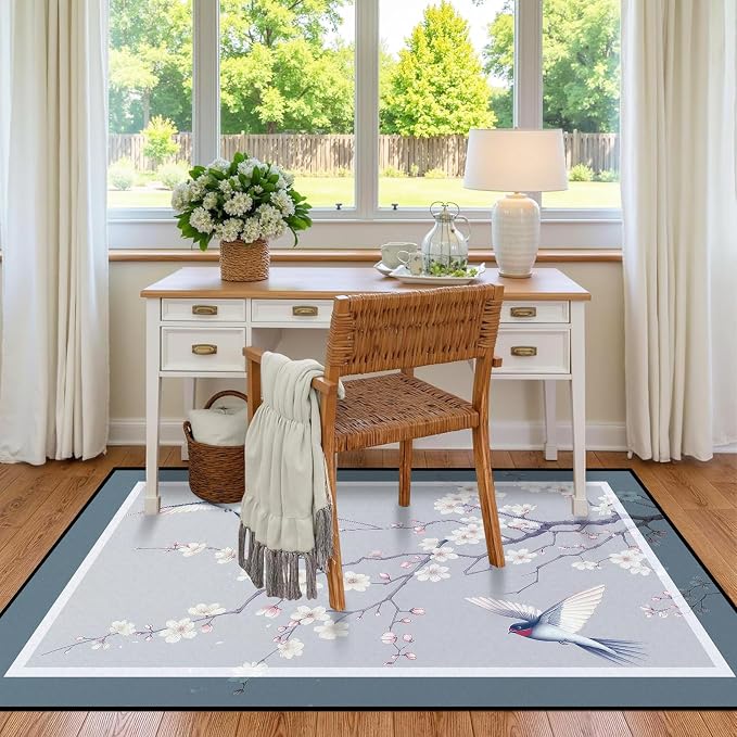 Cherry Blossom Area Rug 3D Swallow Sakura Floral Rugs for Entryway Bedroom Living Room Kitchen Home Decor Soft Non Slip Indoor Carpet Washable Low Pile Floor Mat,6'x9'