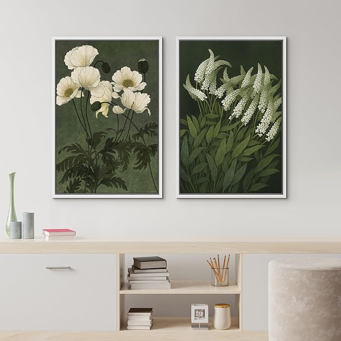IDEA4WALL Framed Canvas Print Wall Art Set White Bloom Botanical Elegant Green and Cream Floral Illustrations Modern Art Decorative Calm/Zen for Living Room, Bedroom, Office - 24"x36"x2 White