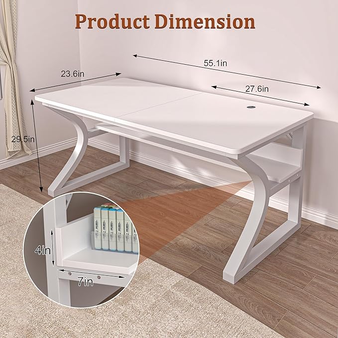 AZN Computer Desk, 55x24 in Computer Desk, Office Desk w/Storage & U-Size Metal Frame for Home Office Bedroom Gaming, Office Desk w/Water-Resistant, Scratchproof Surface, White