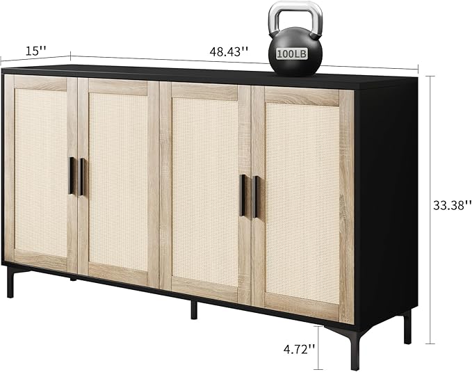 JASIWAY Buffet Cabinet with Storage, 48" Rattan Sideboard with Adjustable Shelves, Modern Coffee Bar Cabinet Console Table with Doors, Credenza for Kitchen, Living Room, Entryway, Dining Room, Black