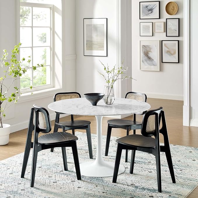 Modway Lippa 47" Mid-Century Dining Table with Round Artificial Marble Top in White