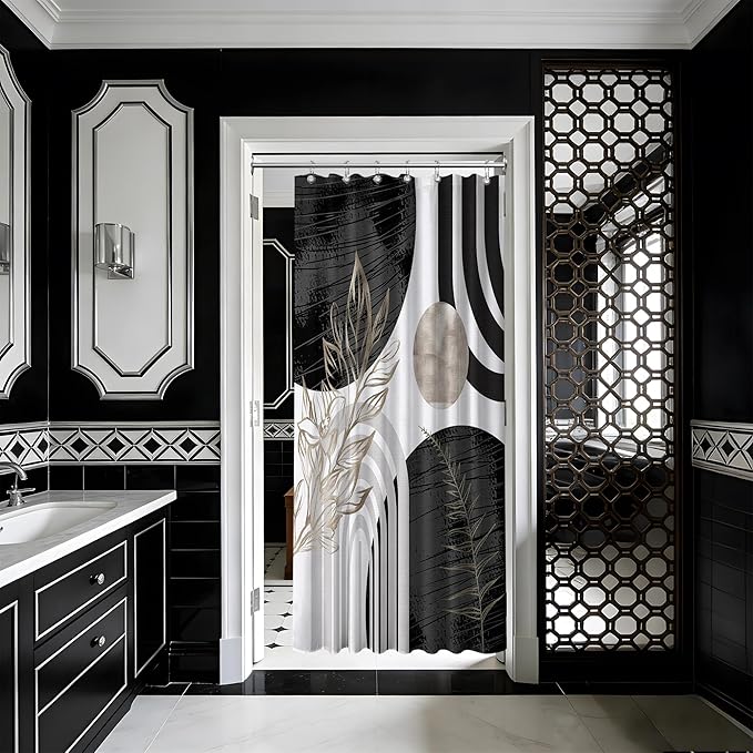 Mid Century Modern Black and White Shower Curtain Cool Charcoal Grey Silver Shower Curtains for Mens Bathroom Decor Sets, Abstract Boho Pattern, Waterproof Cloth Fabric with Hooks 36x72 in