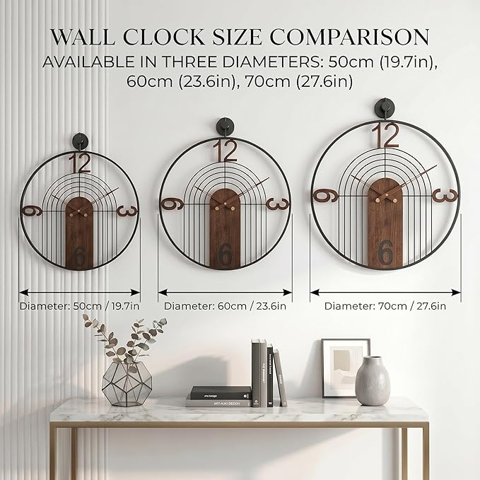 Modern Large Walnut Dial Wall Clock, Wood Metal Frame Silent Non Ticking Wall Clocks Decoration for Living Room, Bedroom, Kitchen, Study, Handmade Home Decor Present Idea, 29.5 Inch