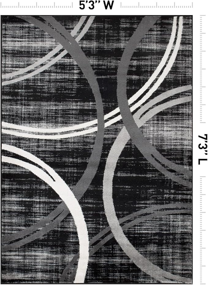 Rugshop Modern Wavy Circles Design Area Rug, Carpet with Jute Backing for Living Room, Bedroom, or Home Office, Black, 5'3" x 7'3"