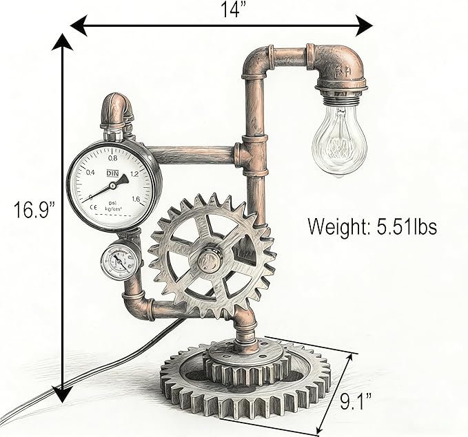 Ari Deco Industrial Steampunk Pipe Table Lamp (Dual Decorative Pressure Gauges) QTF-BT04