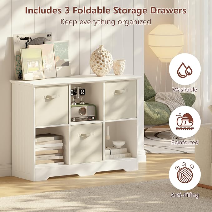 VORONOI 6 Cube Storage Organizer with 3 Fabric Drawers and Removable Shelves — Modular Cube Bookshelf for Bedroom, Living Room, or Home Office, Short Cube Bookcase for Toys, Decor,White