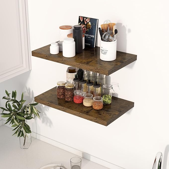 Dreamland 24" Floating Shelves for Wall, 12" Deep Slim Rustic Brown Floating Shelves, Wall-Mounted Shelves for Bedroom, Living Room, Kitchen, Bathroom - Set of 2