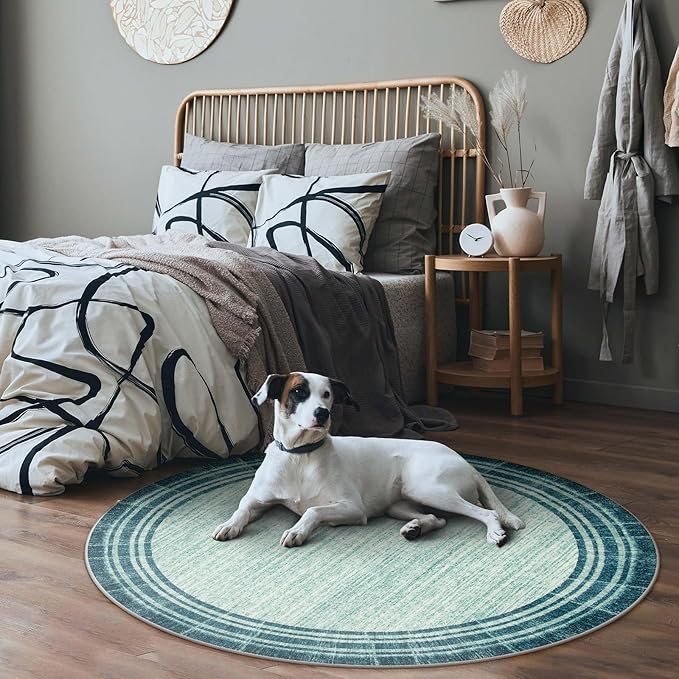 Lahome Abstract Round 4ft Entryway Rug, Washable Teal Entry Rugs Non Slip Circle Kitchen Carpet, Minimalist Border Dining Room Rug Indoor Room Carpet for Under Chair Coffee Table Entrance Mats