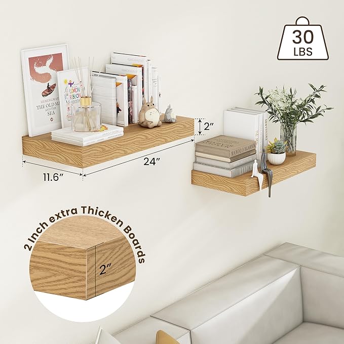 Deep Floating Shelves | 24 Inch Oak Floating Shelves Set of 2 | 12 Inch Deep Rustic Wood Shelves for Wall | 24" W x 12" D Oak Shelves for Living Room Bathroom Laundry Room Kitchen