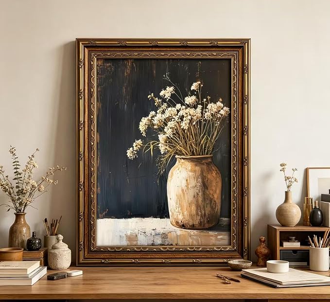 Vintage Gold Framed Wall Art,Fall Dried Flowers Antique Vase Country Oil Painting Canvas Prints,Dark Moody Rustic Farmhouse Floral Still Life Picture,for Living Room Bedroom Shelf Decoration, 9x11in