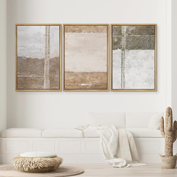 SIGNWIN Framed Canvas Print Wall Art Set Grunge Gray Brown Pastel Landscape Abstract Shapes Illustrations Modern Art Geometric Zen Mid-Century for Living Room, Bedroom, Office - 16"x24"x3 Natural