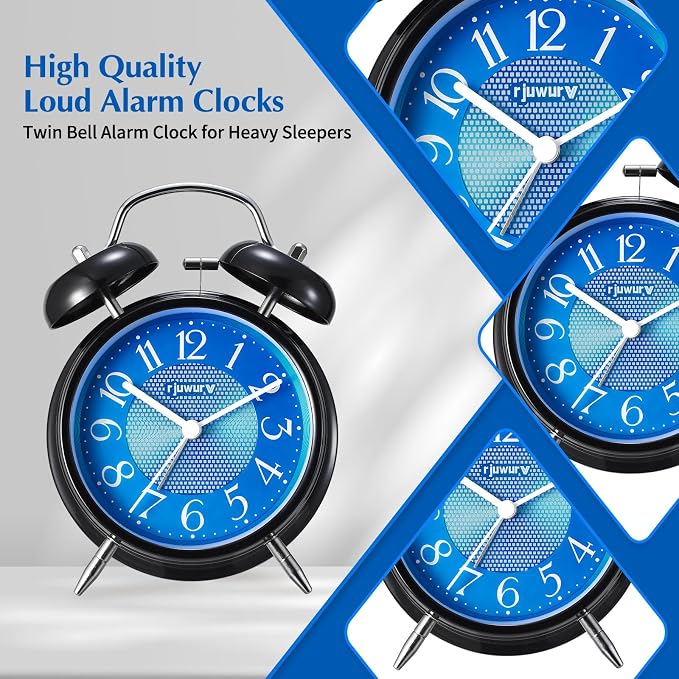 Rjuwurv 4" Twin Bell Alarm Clock with Night Light - Desk & Bedroom Alarm Clock (Midnight Blues)
