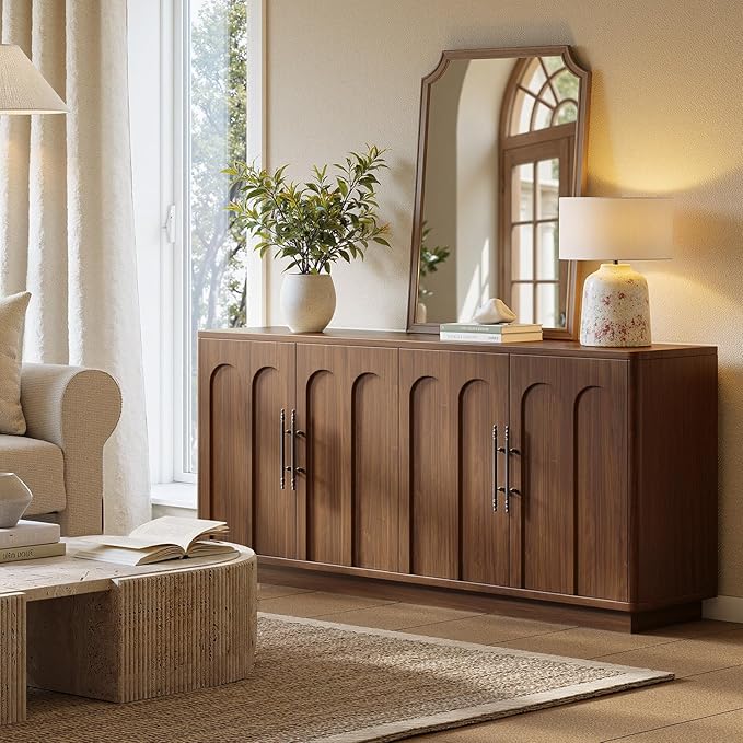 Evermagin 67" Arched Walnut Buffet Cabinet with Storage, Large Credenza with 4 Doors, Wood Mid Century Modern Sideboard for Kitchen and Living Room (67"*31.5"*15.7")