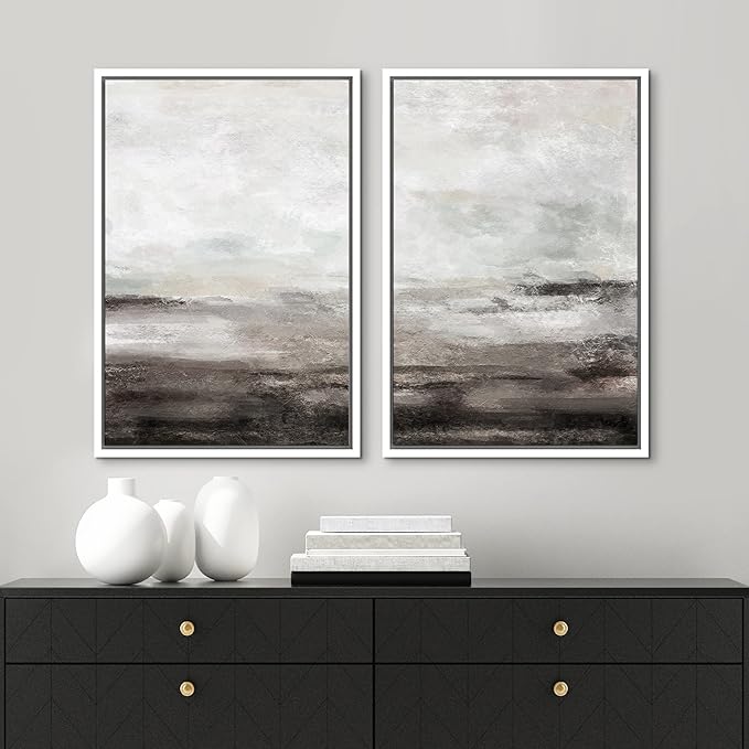 MUDECOR Framed Wall Art Print Set Brown and Gray Grunge Paint Stroke Landscape Abstract Shapes Illustrations Modern Minimalist Chic Relax/Calm for Living Room, Bedroom, Office - 24"x36"x2 White