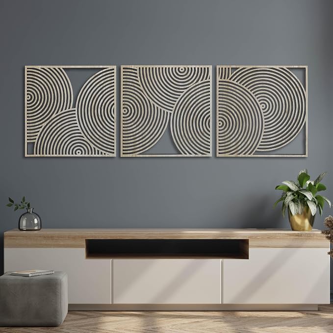 Mid Century Modern Wood Wall Art with Circular Patterns, Set of 3 Boho Home Decor Gift, Midcentury Modern Style Large Wooden Wall Art