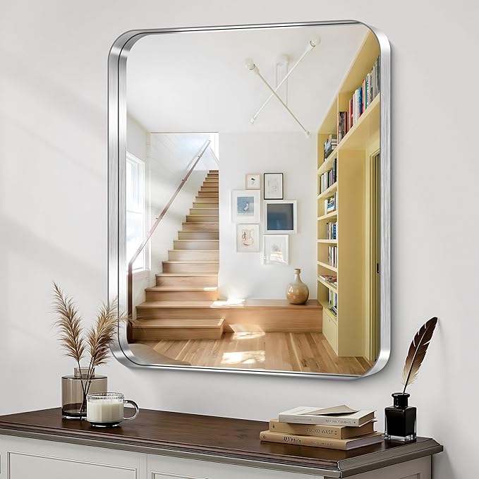 CIRCUMI Silver Bathroom Mirror, 30"x36" Rectangular Mirror with Deep Metal Frame, Rounded Corner, Tempered Glass, Mirror for Wall, Oversink, Bedroom, Installed Vertically/Horizontally, Crystal-Clear