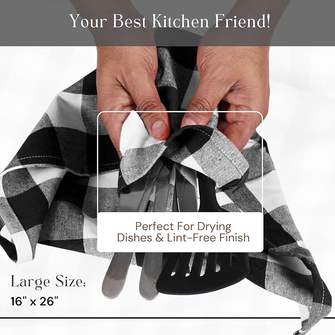 Black Buffalo Check Plaid Kitchen Towels, 12 Pack, 100% Cotton, 16x26 Inches, Super Absorbent, Quick Dry, Soft, Dish Drying & Cleaning Towels with Hanging Loop, Black and White