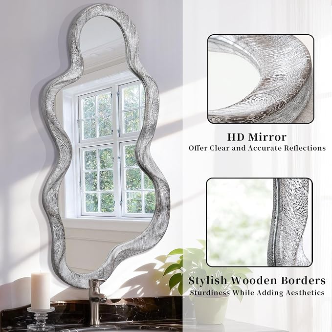 Irregular Wooden Framed Wall Mirror Modern Asymmetrical Unique Hanging Mirror Artistic Unique Cloud Shape Wall Decor Bathroom Vanity Bedroom Living Room Entryway Hallway Large 47" x 22"
