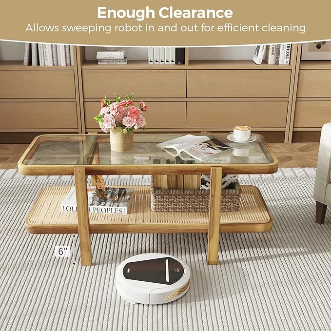 Giantex Rattan Coffee Table, 47.5" Rectangle Solid Wood Tea Table w/Tempered Glass Tabletop, Rattan Storage Shelf, 2-Tier Boho Coffee Tables, Farmhouse Center Table for Living Room (Oak)