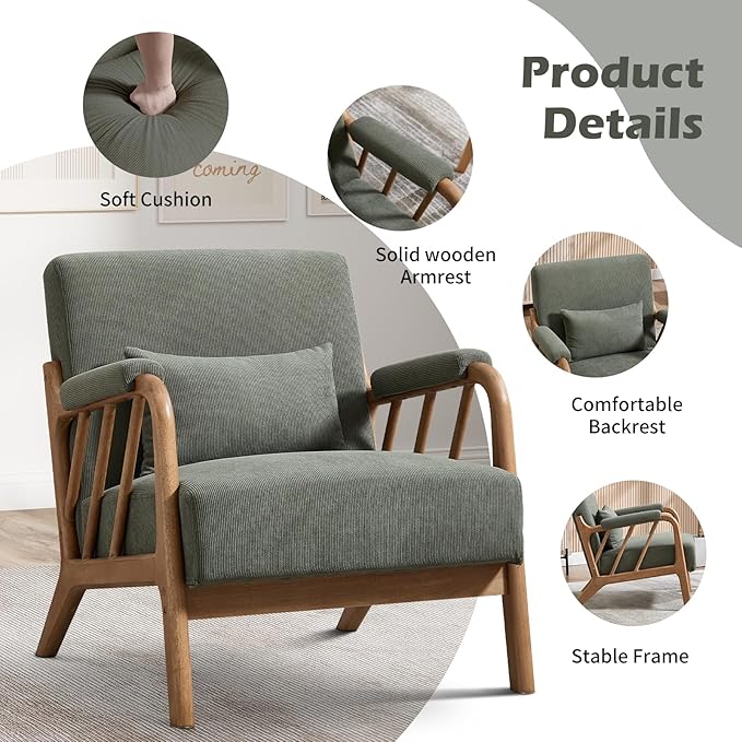 INZOY Mid Century Modern Accent Chair with Wood Frame, Upholstered Reading Armchair with Soft Corduroy Fabric, Accent Chair for Living Room Bedroom Apartment, Easy Assembly, Green