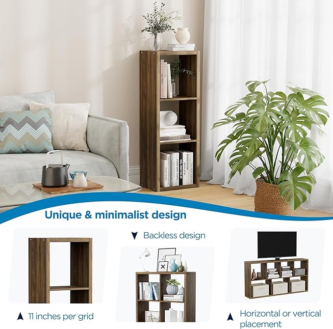 3 Cube Storage Organizer Single Row, Cube Shelf with Heavy-Duty Thick Boards, 13.31" L x 9.37" W x 36.93" H, Smooth Easy-Clean Panels, Simple Assembly, for Living Room Bedroom Office, Brown