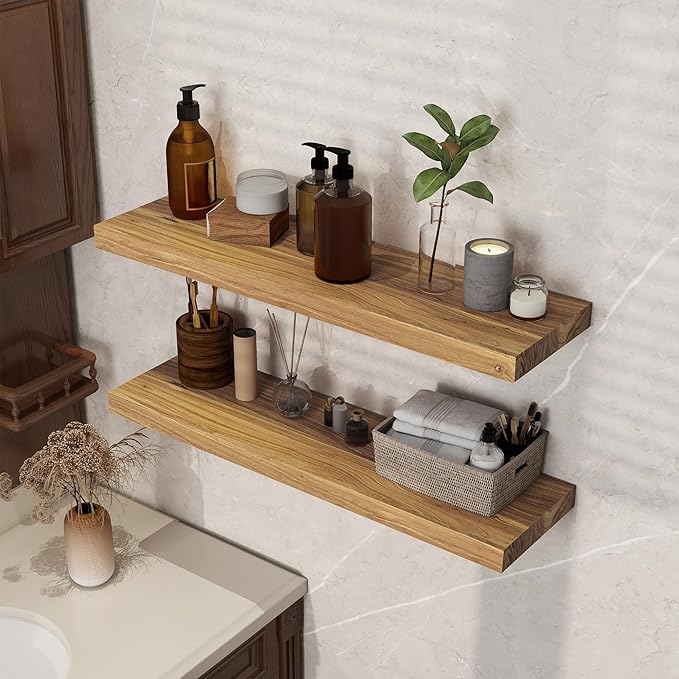 Rustic Floating Shelves for Home Decor, 32 Inch Long Wall Shelves Set of 2, Solid Elm Wood Floating Shelf for Wall, 8 Inch Deep Bookshelf for Storage & Display, 32 x 8 Bathroom Shelf, Natural Color
