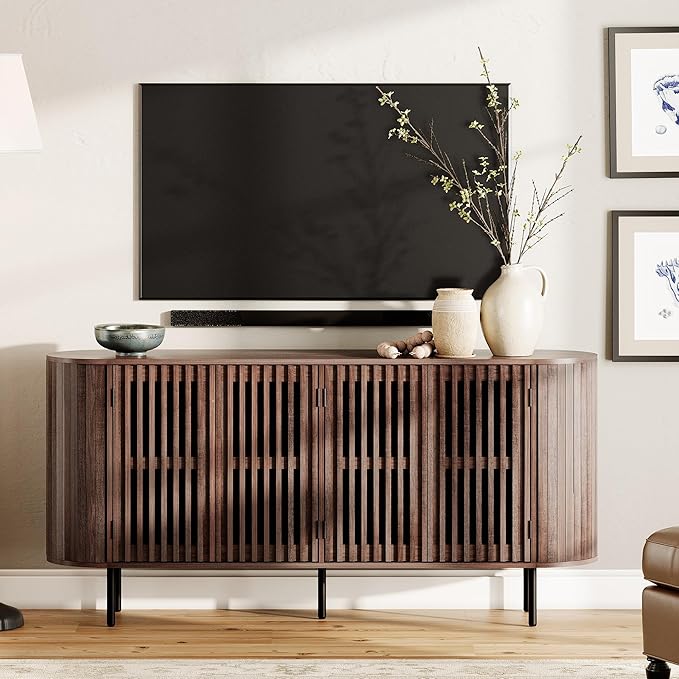 WAMPAT Sideboard Buffet Cabinet with 4 Fluted Doors,64" Wood Accent Storage Cabinet with Curved Design,Credenza for Dining Room,Hallway,Walnut