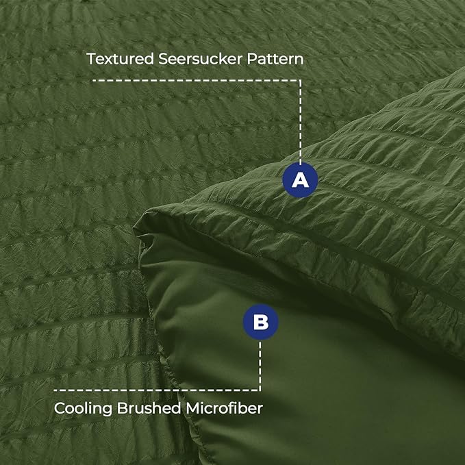 HYMOKEGE Olive Green Queen Comforter Set Seersucker 7 Pieces, All Season Luxury Bed in a Bag Queen for Bedroom, Bedding Set with Comforter, Sheets, Pillowcases & Shams