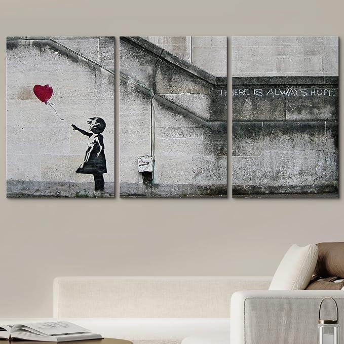 wall26 3 Piece Canvas Wall Art - There is Always Hope Girl and Red Heart Balloon Guerilla - Modern Home Art Stretched and Framed Ready to Hang - 16"x24"x3 Panels