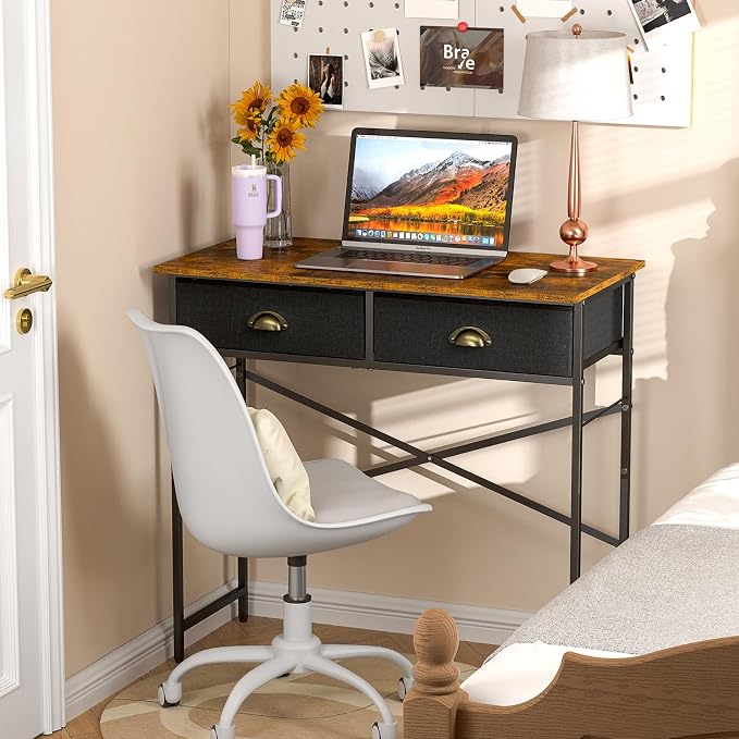 DAOUTIME Small Writing Desk for Kids Bedroom, 31.5 Inch Computer Desk for Small Spaces, Simple Desk with 2 Fabric Drawers for Home Office, Dorm, Living Room, Home Study Table, Rustic Brown