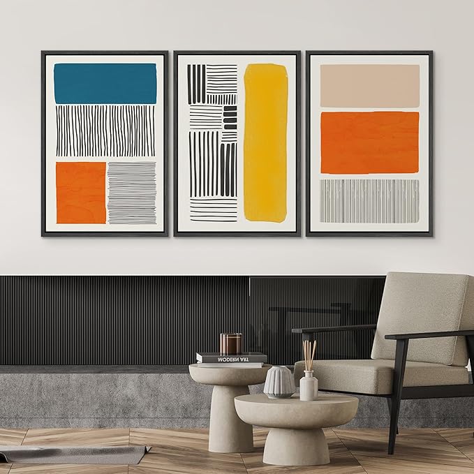 SIGNWIN Framed Canvas Print Wall Art Set Mid-Century Bright Color Block Collage Abstract Shapes Illustrations Minimalism Bohemian Decorative for Living Room, Bedroom, Office - 16"x24"x3 Black