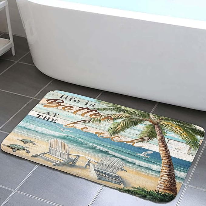 Beach Sea Turtle Seagull Palm Tree Ocean Bathroom Rugs Mat, Non Slip Rustic Beach Bath Rugs for Bathroom, Durable Rustic Wooden Flannel Mat Rug, Absorbent Water Mats for Laundry Room Kitchen,17X29