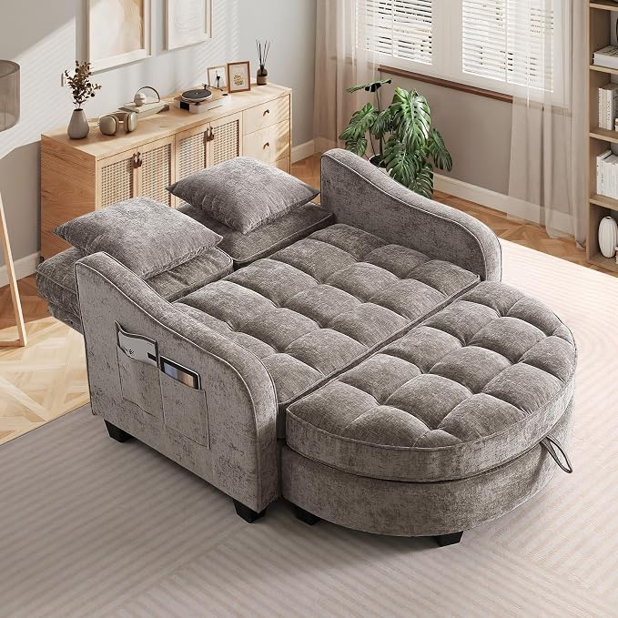 Oversized Chaise Lounge Chair Indoor with Ottoman, Chenille Tufted Comfy Loveseat Sofa Chair with Adjustable Backrest, Fluffy Recliner Sofa, Convertible Couch Sleeper Bed for Living Room(51"W, Brown)