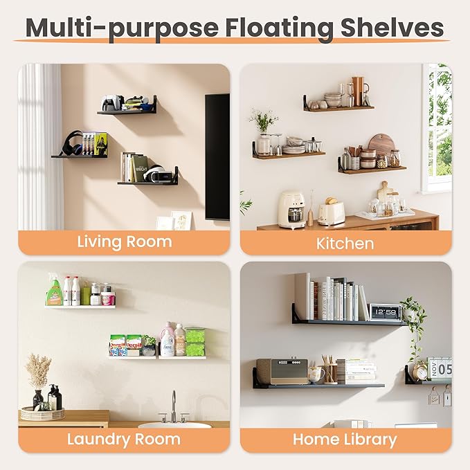 upsimples Floating Book Shelves for Wall, 23.6 Inches Floating Wood Shelves for Living Room, Laundry Room, Bedroom, Office Organizer and Storage, White