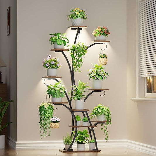 Plant Stand Indoor with Grow Lights - Lighted Plant Shelf Indoor, 64" Tall Corner Plant Stands for Indoor Growing, 10 Tier Flower Display Shelf, Large Tree-Shaped Holder for Home, Living Room, Black